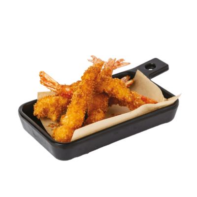 Gamberetti fritti avvolti da croccante panatura di panko, serviti con salsa agrodolce.